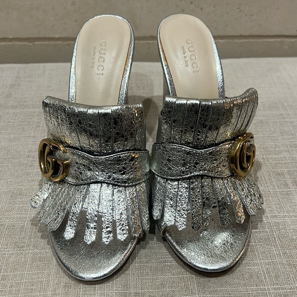 Gucci Silver Mules with Gold Accent